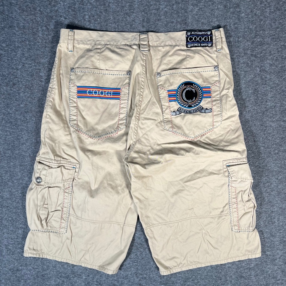 COOGI Mens Khaki Y2K Cargo Shorts Size 44 Embroidered Logo Streetwear Hip-Hop